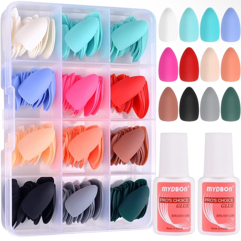 5 pack 12 Solid Color Fake Nails Full Cover with Nail Tip Glue for women